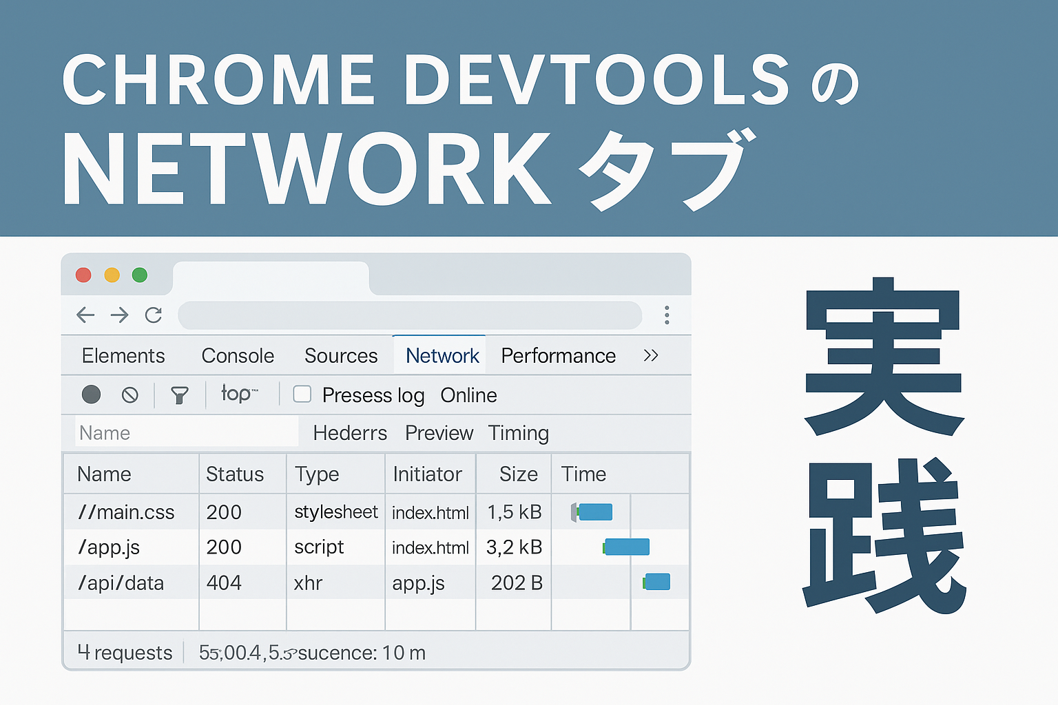 Chrome DevToolsのNetworkタブを使った実践的なデバッグ方法を解説するイラスト。通信ログ一覧にステータスやリクエスト種別が表示され、右側に『実践』の文字が大きく描かれている。