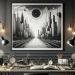 黒を基調とした壁面に都市の建築的ポスターが飾られ、デスク上には左右に配置されたアーム式デスクライト、複数の目覚まし時計やペン立て、開かれた本や文房具が整然と並ぶモダンで洗練されたワークスペースの風景