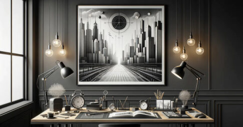黒を基調とした壁面に都市の建築的ポスターが飾られ、デスク上には左右に配置されたアーム式デスクライト、複数の目覚まし時計やペン立て、開かれた本や文房具が整然と並ぶモダンで洗練されたワークスペースの風景