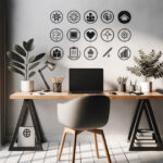 大きな海辺の窓から柔らかな光が差し込む部屋に、木製天板のデスクとグレーのチェアが配置され、左に観葉植物とアーム式デスクライト、中央にノートパソコン、右に鉛筆立てと小さな植物が並ぶ。壁面にはサークル状のアイコンが整然と並ぶモダンでミニマルなワークスペースの風景