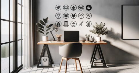 大きな海辺の窓から柔らかな光が差し込む部屋に、木製天板のデスクとグレーのチェアが配置され、左に観葉植物とアーム式デスクライト、中央にノートパソコン、右に鉛筆立てと小さな植物が並ぶ。壁面にはサークル状のアイコンが整然と並ぶモダンでミニマルなワークスペースの風景