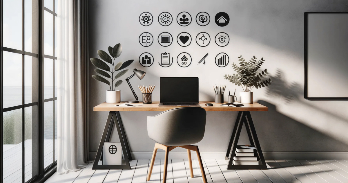 大きな海辺の窓から柔らかな光が差し込む部屋に、木製天板のデスクとグレーのチェアが配置され、左に観葉植物とアーム式デスクライト、中央にノートパソコン、右に鉛筆立てと小さな植物が並ぶ。壁面にはサークル状のアイコンが整然と並ぶモダンでミニマルなワークスペースの風景