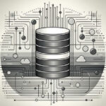 中央に積み重ねられたシルバーの円筒型データベースアイコンがあり、その周囲に回路基板を思わせる細い線とノード、雲のシンボルがモノクロームで配置された、データ連携とクラウド構成を表現するテクノロジー図解