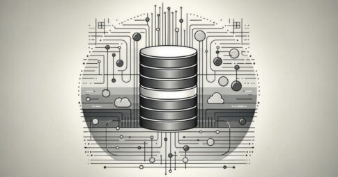 中央に積み重ねられたシルバーの円筒型データベースアイコンがあり、その周囲に回路基板を思わせる細い線とノード、雲のシンボルがモノクロームで配置された、データ連携とクラウド構成を表現するテクノロジー図解