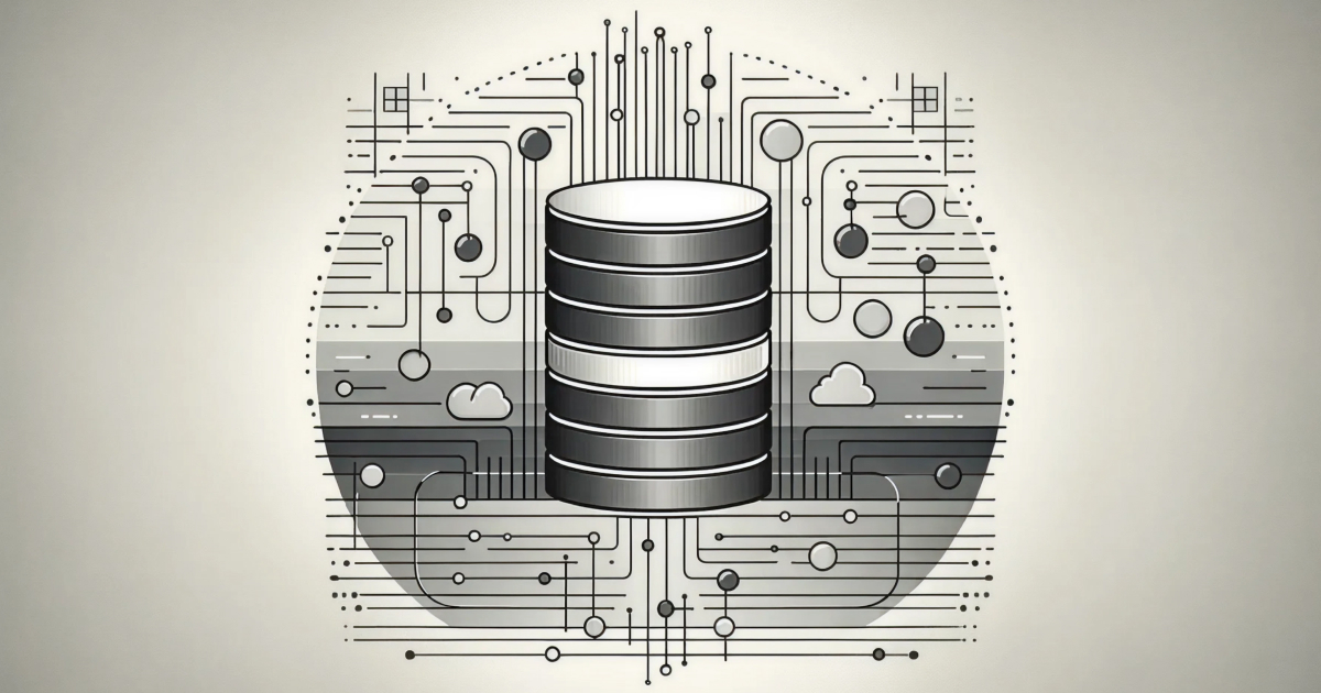 中央に積み重ねられたシルバーの円筒型データベースアイコンがあり、その周囲に回路基板を思わせる細い線とノード、雲のシンボルがモノクロームで配置された、データ連携とクラウド構成を表現するテクノロジー図解