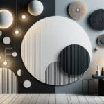 モノトーンの壁面に大小のリブ付き円形パネルと吊り下げライト、右には円形のテーブルライトと装飾花が配された、陰影が美しいモダンアート風インテリア空間