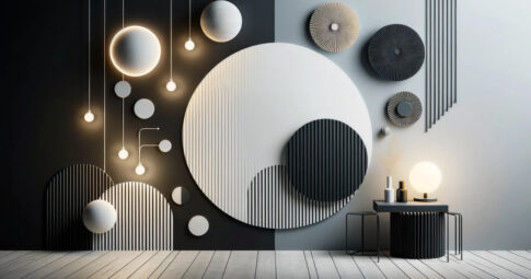 モノトーンの壁面に大小のリブ付き円形パネルと吊り下げライト、右には円形のテーブルライトと装飾花が配された、陰影が美しいモダンアート風インテリア空間