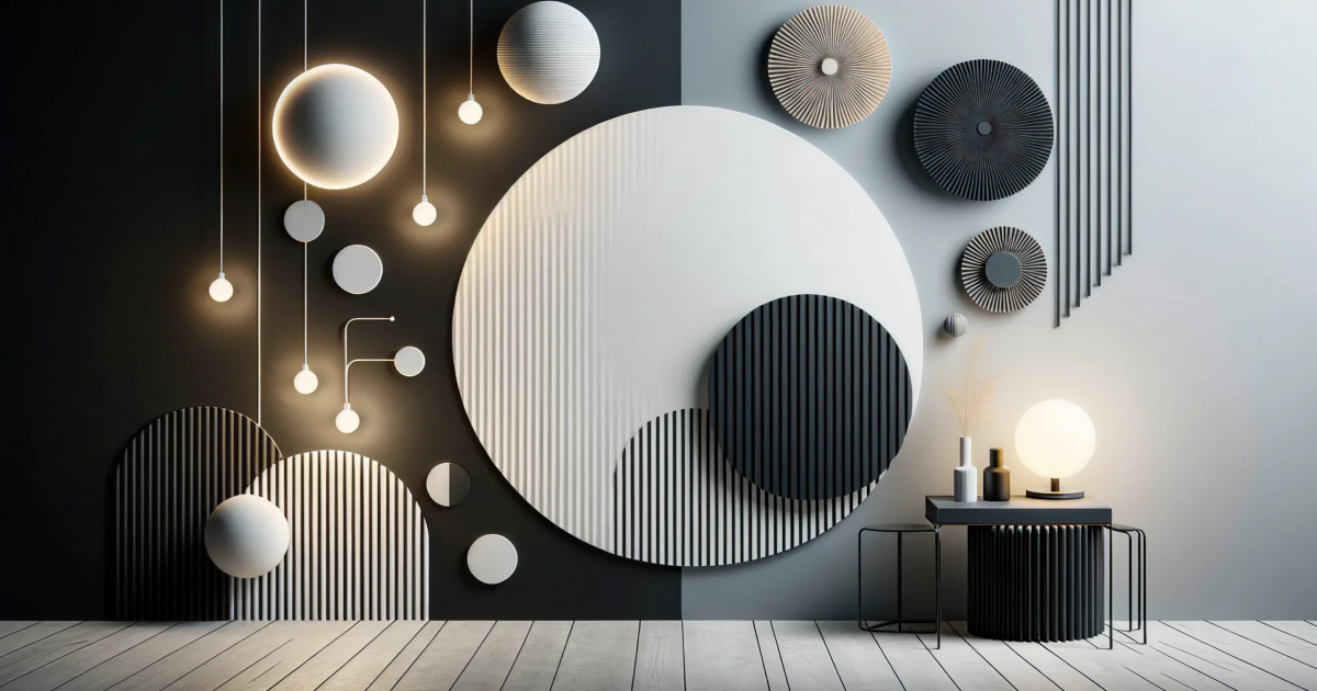 モノトーンの壁面に大小のリブ付き円形パネルと吊り下げライト、右には円形のテーブルライトと装飾花が配された、陰影が美しいモダンアート風インテリア空間