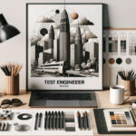 デスク上にアーム式デスクライトと木製ペン立て、中央に『TEST ENGINEEER BASEE』と書かれた都市と列車のポスターフレーム、その下にノートパソコン、前面には電卓やペン、色見本シート、スマートフォンが整然と並び、右側にコーヒーカップとドライフラワーが置かれたモダンなワークスペース