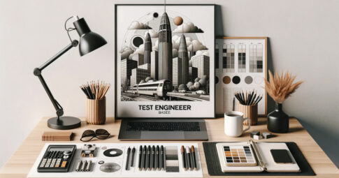 デスク上にアーム式デスクライトと木製ペン立て、中央に『TEST ENGINEEER BASEE』と書かれた都市と列車のポスターフレーム、その下にノートパソコン、前面には電卓やペン、色見本シート、スマートフォンが整然と並び、右側にコーヒーカップとドライフラワーが置かれたモダンなワークスペース