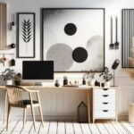 白い壁に幾何学的な円形アートが飾られ、木製デスクとチェア、アーム式デスクライト、観葉植物、モニターや文房具、右手には大きなパンパスグラスが置かれた明るく落ち着いたホームオフィスのワークスペース