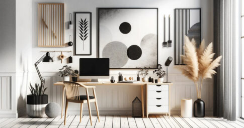白い壁に幾何学的な円形アートが飾られ、木製デスクとチェア、アーム式デスクライト、観葉植物、モニターや文房具、右手には大きなパンパスグラスが置かれた明るく落ち着いたホームオフィスのワークスペース