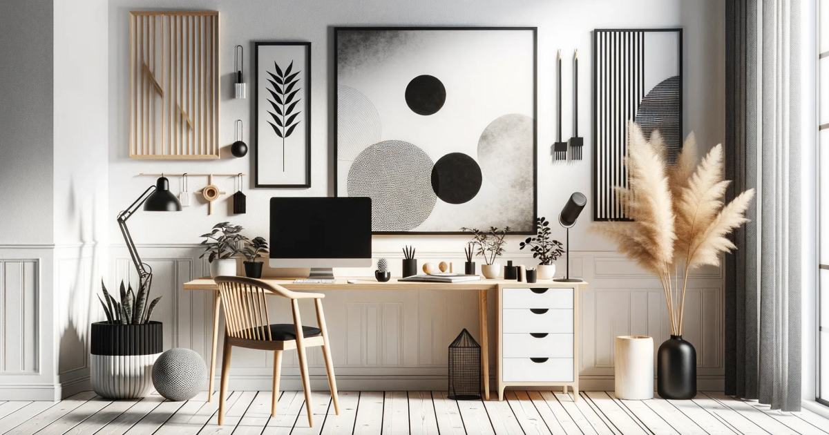 白い壁に幾何学的な円形アートが飾られ、木製デスクとチェア、アーム式デスクライト、観葉植物、モニターや文房具、右手には大きなパンパスグラスが置かれた明るく落ち着いたホームオフィスのワークスペース