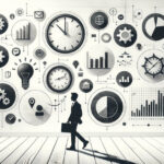 ビジネススーツ姿のシルエットがブリーフケースを持って歩く床面に映る長い影の背景に、時計ギアやグラフ、地球アイコン、電球、チェックマークなど多様なビジネス関連のインフォグラフィックが白い壁一面にモノクロで描かれたビジュアル