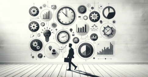 ビジネススーツ姿のシルエットがブリーフケースを持って歩く床面に映る長い影の背景に、時計ギアやグラフ、地球アイコン、電球、チェックマークなど多様なビジネス関連のインフォグラフィックが白い壁一面にモノクロで描かれたビジュアル
