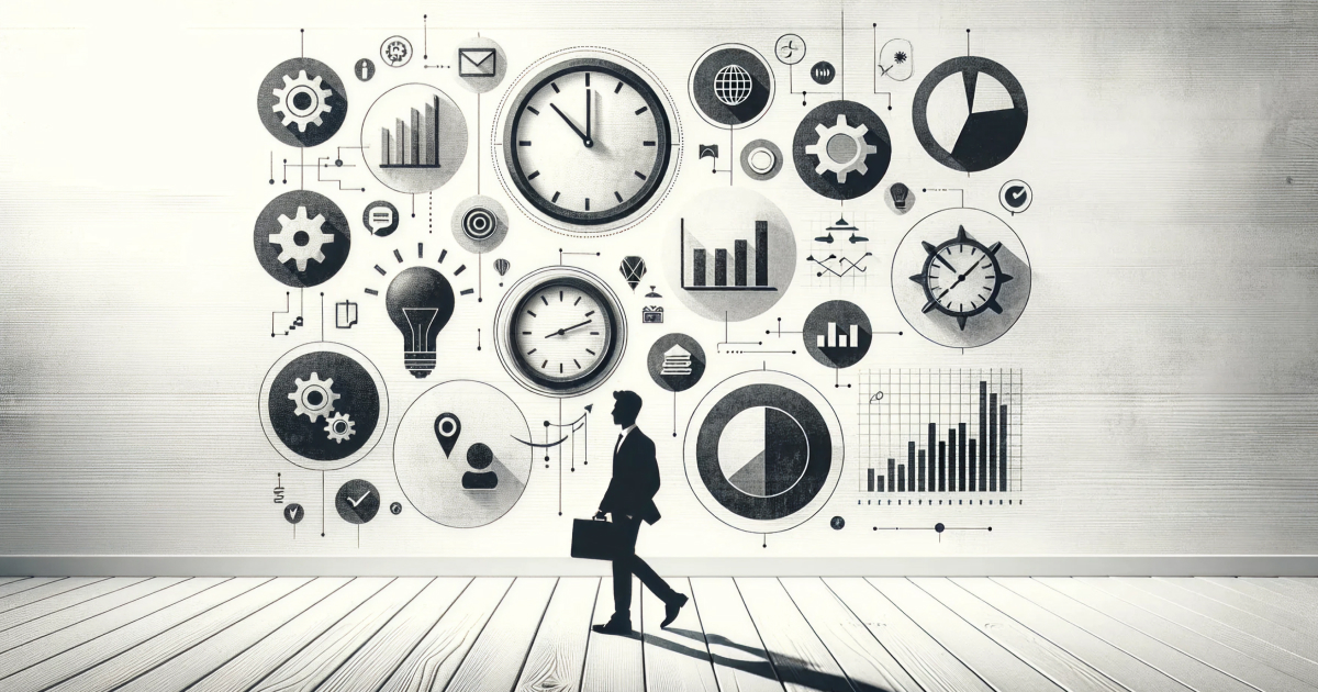 ビジネススーツ姿のシルエットがブリーフケースを持って歩く床面に映る長い影の背景に、時計ギアやグラフ、地球アイコン、電球、チェックマークなど多様なビジネス関連のインフォグラフィックが白い壁一面にモノクロで描かれたビジュアル