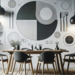 白い壁に幾何学的な円形アートが飾られ、木製デスクとチェア、アーム式デスクライト、観葉植物、モニターや文房具、右手には大きなパンパスグラスが置かれた明るく落ち着いたホームオフィスのワークスペース