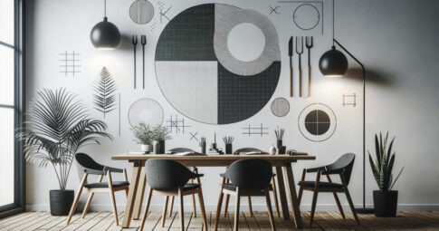 白い壁に幾何学的な円形アートが飾られ、木製デスクとチェア、アーム式デスクライト、観葉植物、モニターや文房具、右手には大きなパンパスグラスが置かれた明るく落ち着いたホームオフィスのワークスペース