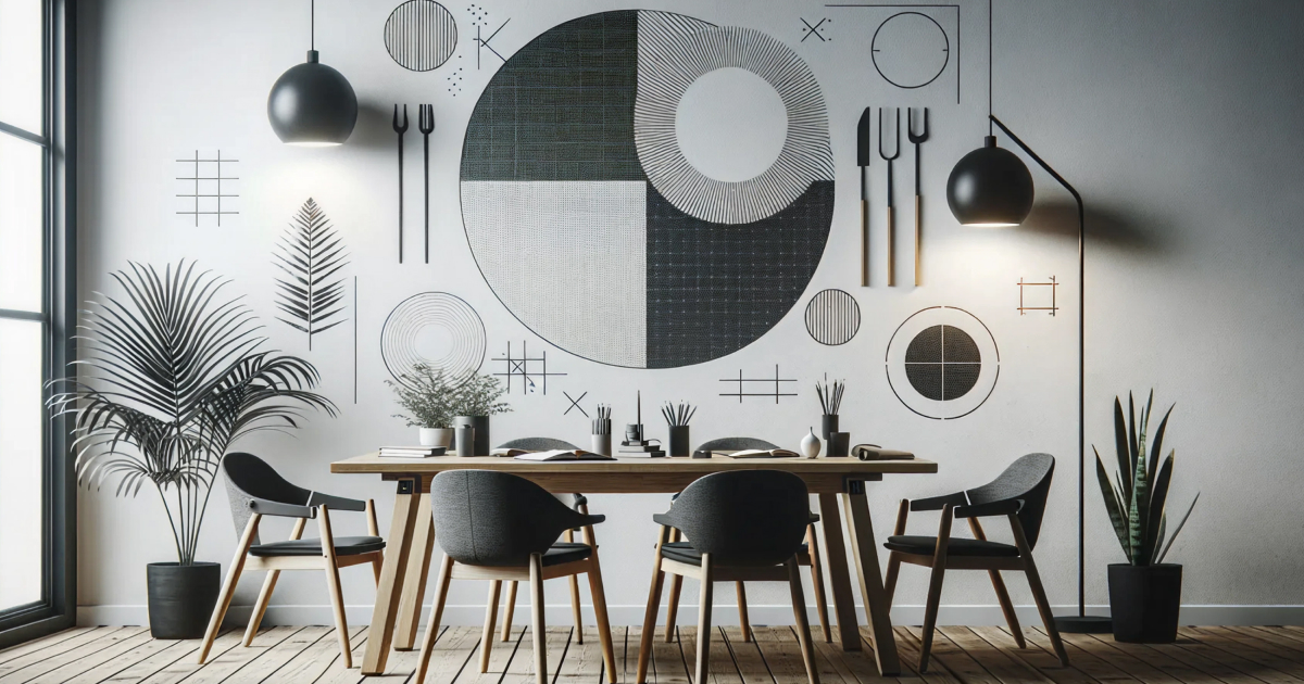 白い壁に幾何学的な円形アートが飾られ、木製デスクとチェア、アーム式デスクライト、観葉植物、モニターや文房具、右手には大きなパンパスグラスが置かれた明るく落ち着いたホームオフィスのワークスペース