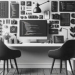 二脚のチェアが並ぶデスクに大型モニターとノートパソコン、周囲にコードスニペットやカメラ、ギアアイコンなどが立体的に配置され、壁面全体がプログラミングやデザイン要素で装飾されたモノトーンのコーディングワークスペース