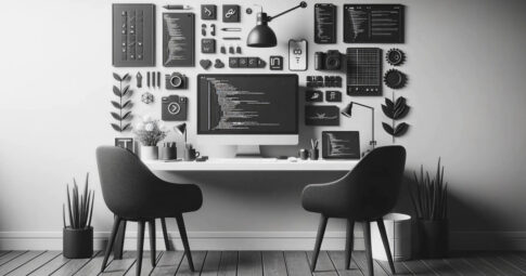 二脚のチェアが並ぶデスクに大型モニターとノートパソコン、周囲にコードスニペットやカメラ、ギアアイコンなどが立体的に配置され、壁面全体がプログラミングやデザイン要素で装飾されたモノトーンのコーディングワークスペース
