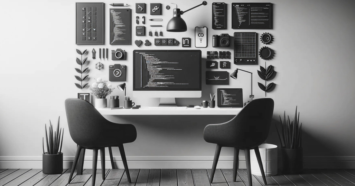 二脚のチェアが並ぶデスクに大型モニターとノートパソコン、周囲にコードスニペットやカメラ、ギアアイコンなどが立体的に配置され、壁面全体がプログラミングやデザイン要素で装飾されたモノトーンのコーディングワークスペース