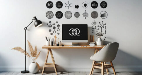 シンプルな木製デスクにデスクライトや鉛筆立て、観葉植物とモニターが配置され、背景の白い壁にテクノロジーやアイデアを象徴する様々なアイコンが並ぶモダンなワークスペースの風景