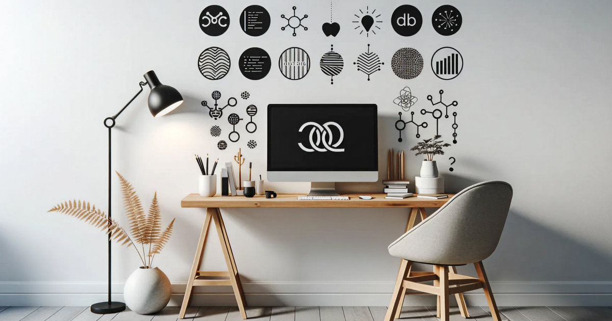 シンプルな木製デスクにデスクライトや鉛筆立て、観葉植物とモニターが配置され、背景の白い壁にテクノロジーやアイデアを象徴する様々なアイコンが並ぶモダンなワークスペースの風景