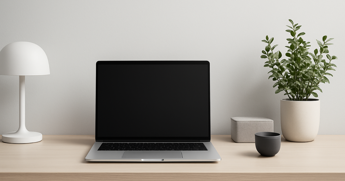 北欧風のシンプルで整然としたデスク上に、黒い画面のノートパソコン、黒いテーブルランプ、白いマグカップ、グレーの収納ボックス、白い鉢植えに入った観葉植物がバランスよく配置されている、モノトーン基調のモダンなワークスペース。