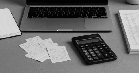 整然としたデスク上に、ノートパソコン、電卓、領収書、ノート、会計帳簿がモノクロで配置され、右奥には観葉植物が置かれている。経理業務の雰囲気を表すプロフェッショナルでミニマルな構成。