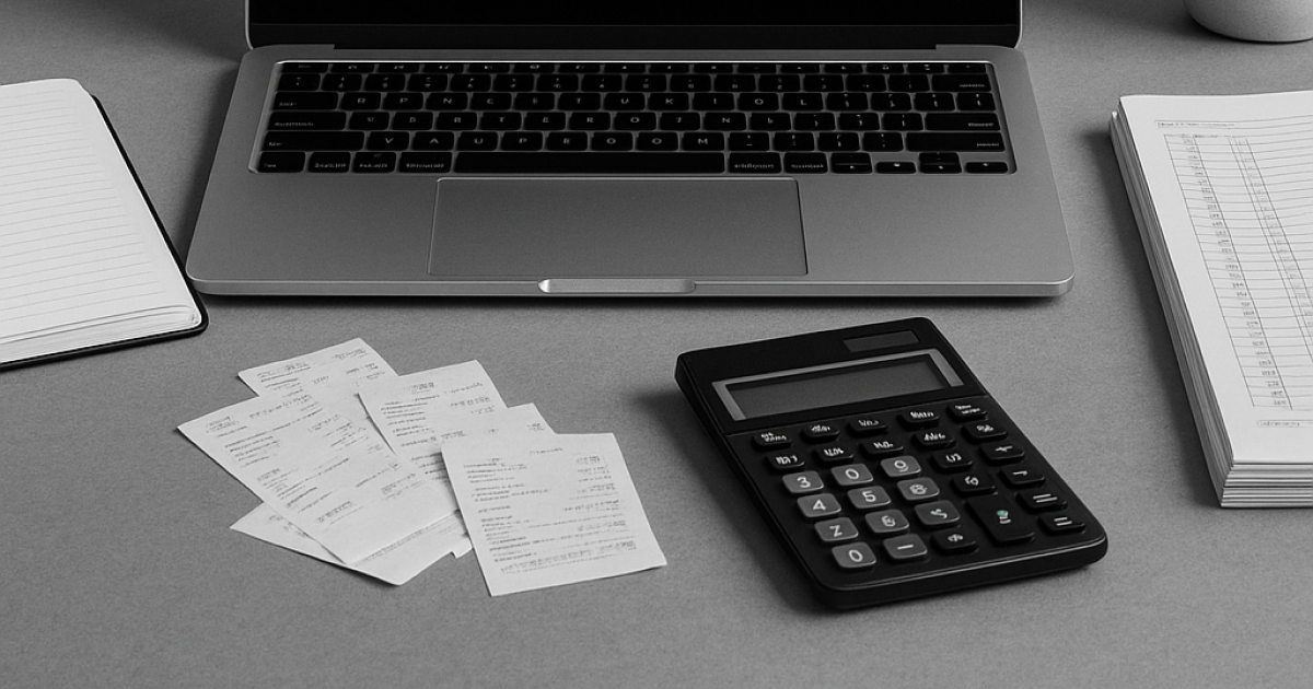 整然としたデスク上に、ノートパソコン、電卓、領収書、ノート、会計帳簿がモノクロで配置され、右奥には観葉植物が置かれている。経理業務の雰囲気を表すプロフェッショナルでミニマルな構成。
