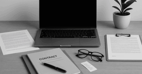 デスクの上にノートパソコン、契約書と記載された書類、クリップボード、メガネ、観葉植物が整然と配置されたモノクロ写真。契約書作成やチェックを想起させる、プロフェッショナルで信頼感のある構図。