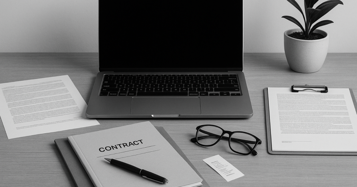 デスクの上にノートパソコン、契約書と記載された書類、クリップボード、メガネ、観葉植物が整然と配置されたモノクロ写真。契約書作成やチェックを想起させる、プロフェッショナルで信頼感のある構図。