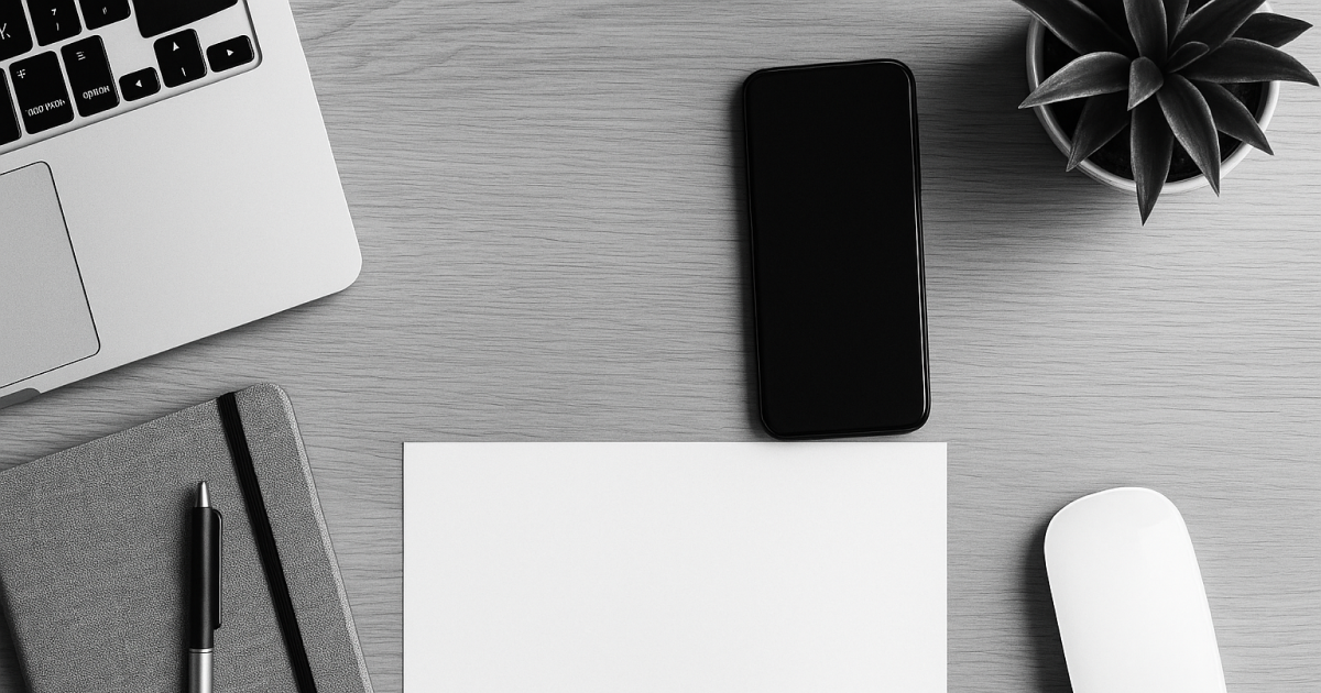 左上にノートパソコンの一部が写り、右側にはスマートフォン、白いマウス、観葉植物が配置されたモノクロのデスク風景。中央は空白の用紙とノートが整然と置かれ、営業活動やタスク管理を連想させるシンプルな構図。