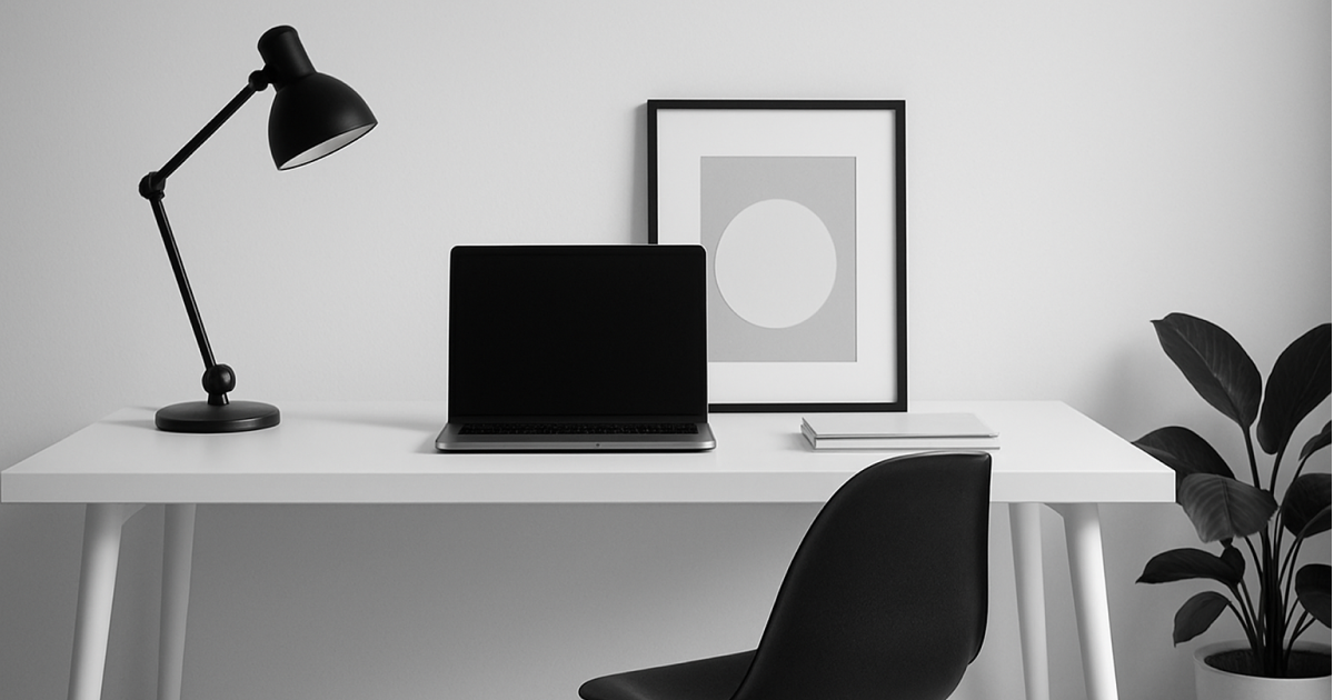 北欧風のミニマルなワークスペース。白いデスクに黒いノートパソコン、モダンなデスクライト、抽象画のアートが配置され、整然とした雰囲気が漂う。
