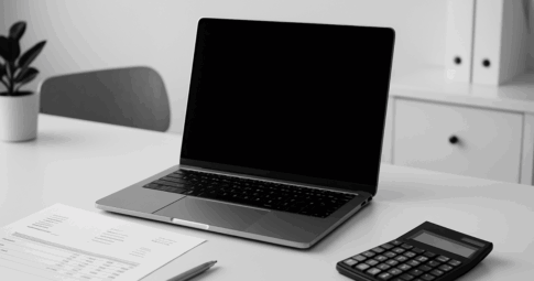モノトーンで統一された北欧風のデスク上に、ノートパソコン、電卓、帳票、ボールペンが整然と配置されているシンプルでプロフェッショナルな会計作業風景の写真。