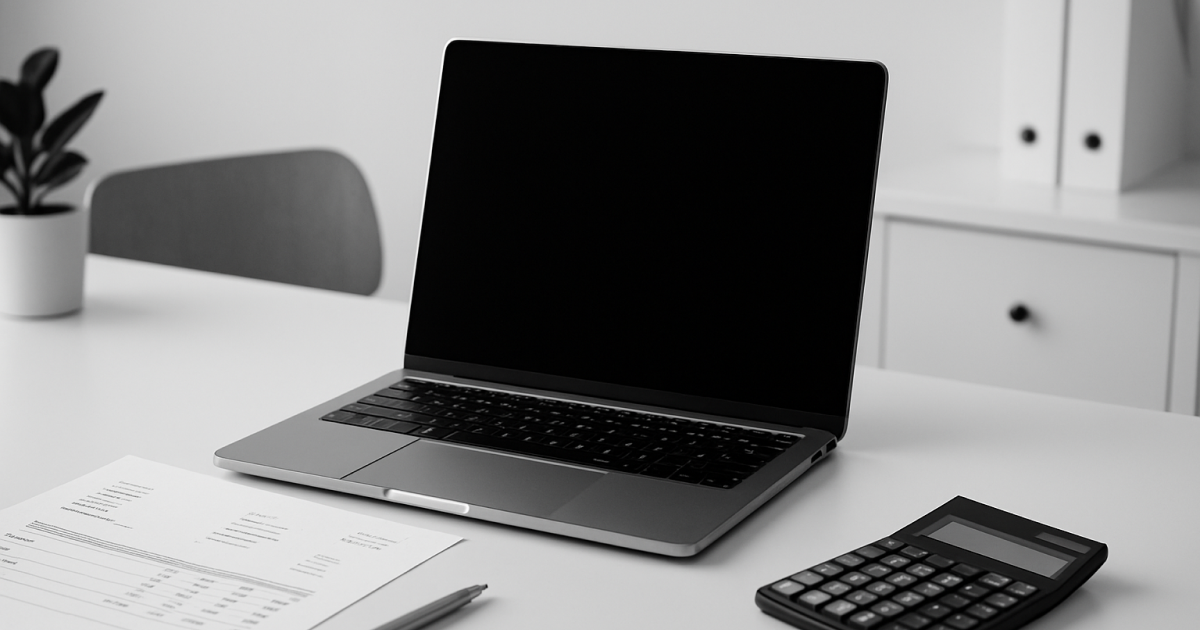 モノトーンで統一された北欧風のデスク上に、ノートパソコン、電卓、帳票、ボールペンが整然と配置されているシンプルでプロフェッショナルな会計作業風景の写真。