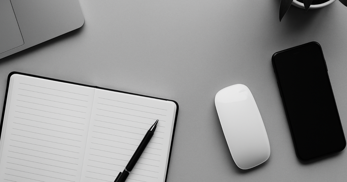 ライトグレーのデスクにノートパソコン、開かれたノートと黒いペン、白いワイヤレスマウス、スマートフォン、観葉植物が整然と配置されたモノクロ写真。事務処理や日常業務の落ち着いた雰囲気を演出するシンプルな構成。