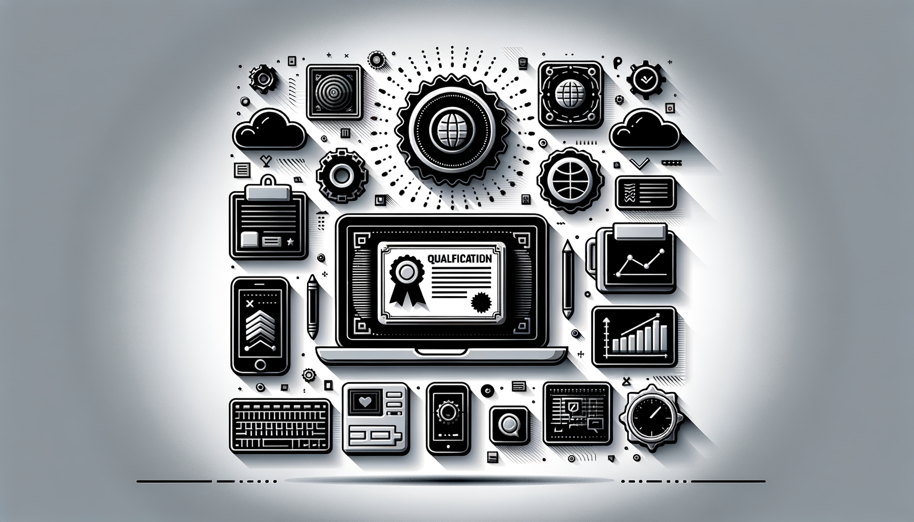 IT資格を紹介するブログ記事のアイキャッチ画像。モノトーンの背景に、シンプルなITアイコンを配置した整然としたデザイン。