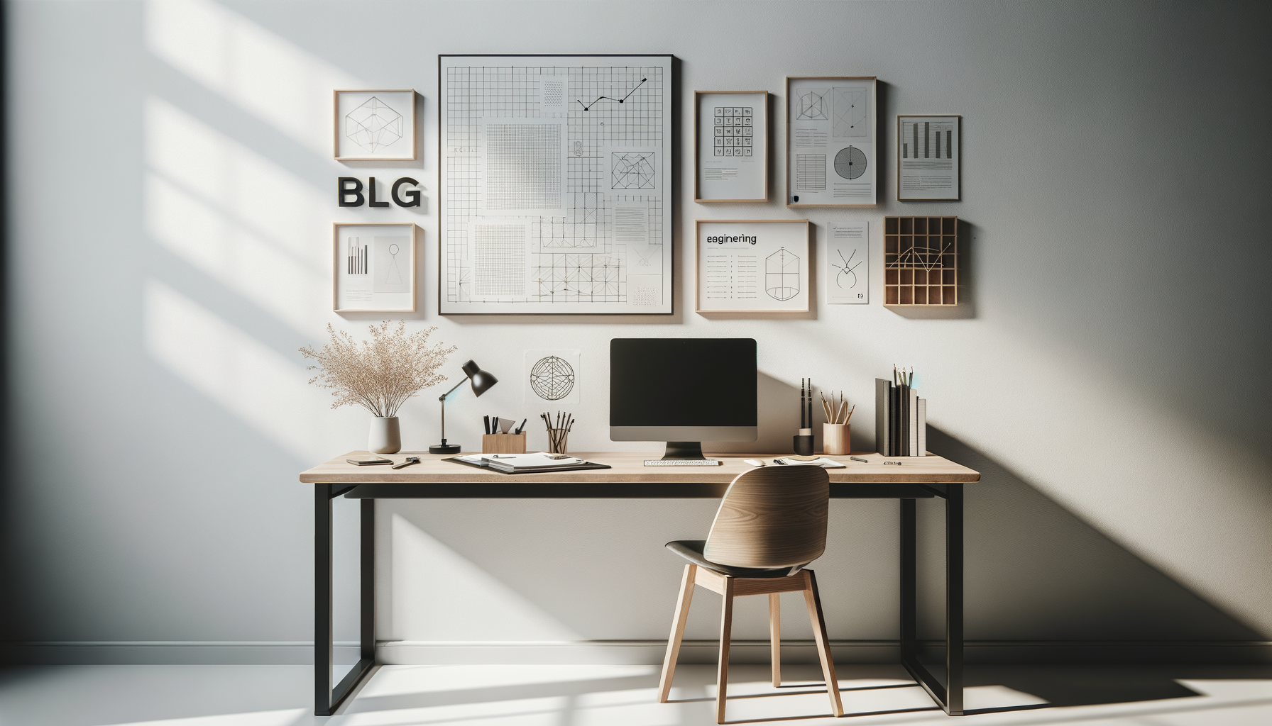 シンプルな北欧デザインのオフィス風景。木製デスクにラップトップが置かれ、整然とした空間。