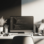 「モノトーンの背景に北欧スタイルのデスクにプログラミングコードが表示され、洗練された雰囲気を醸し出すアイキャッチ画像。」