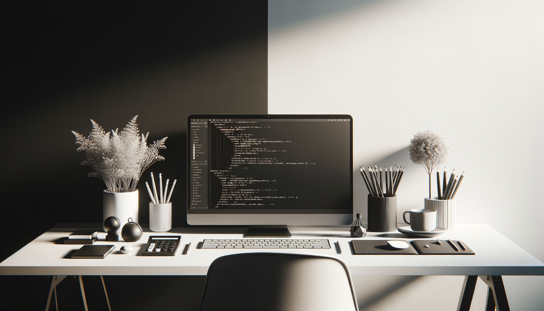 「モノトーンの背景に北欧スタイルのデスクにプログラミングコードが表示され、洗練された雰囲気を醸し出すアイキャッチ画像。」