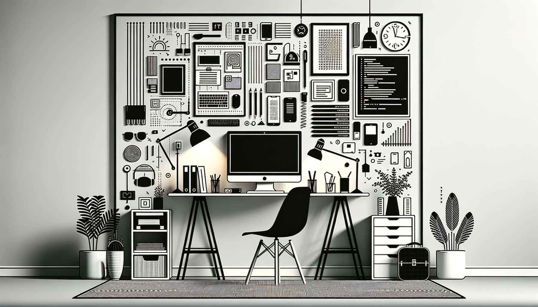 モノクロの整然としたデスク周りと壁面収納の作業空間